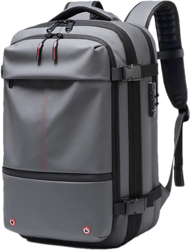 Duurzame legergroene reisrugzak, 60L waterdicht, uitbreidbaar, met vacuümcompressie en laptopvak.
