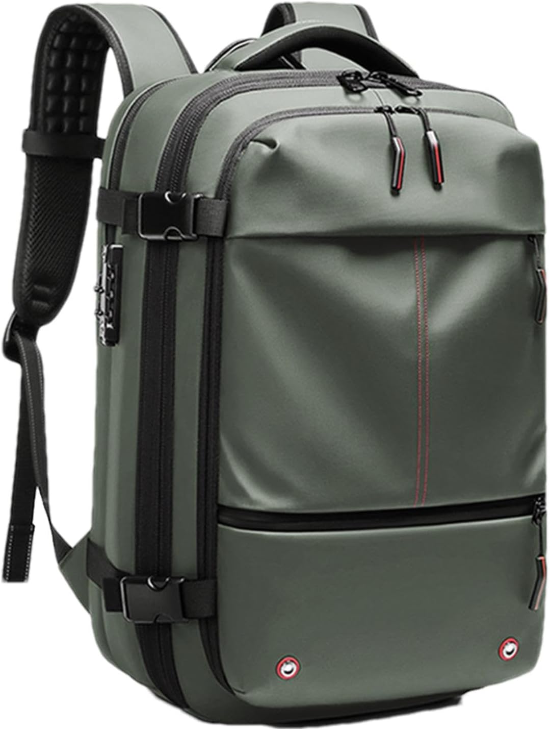 Trivora 60L reisrugzak in legergroen, waterdicht met laptopvak en handige vacuümcompressiefunctie.
