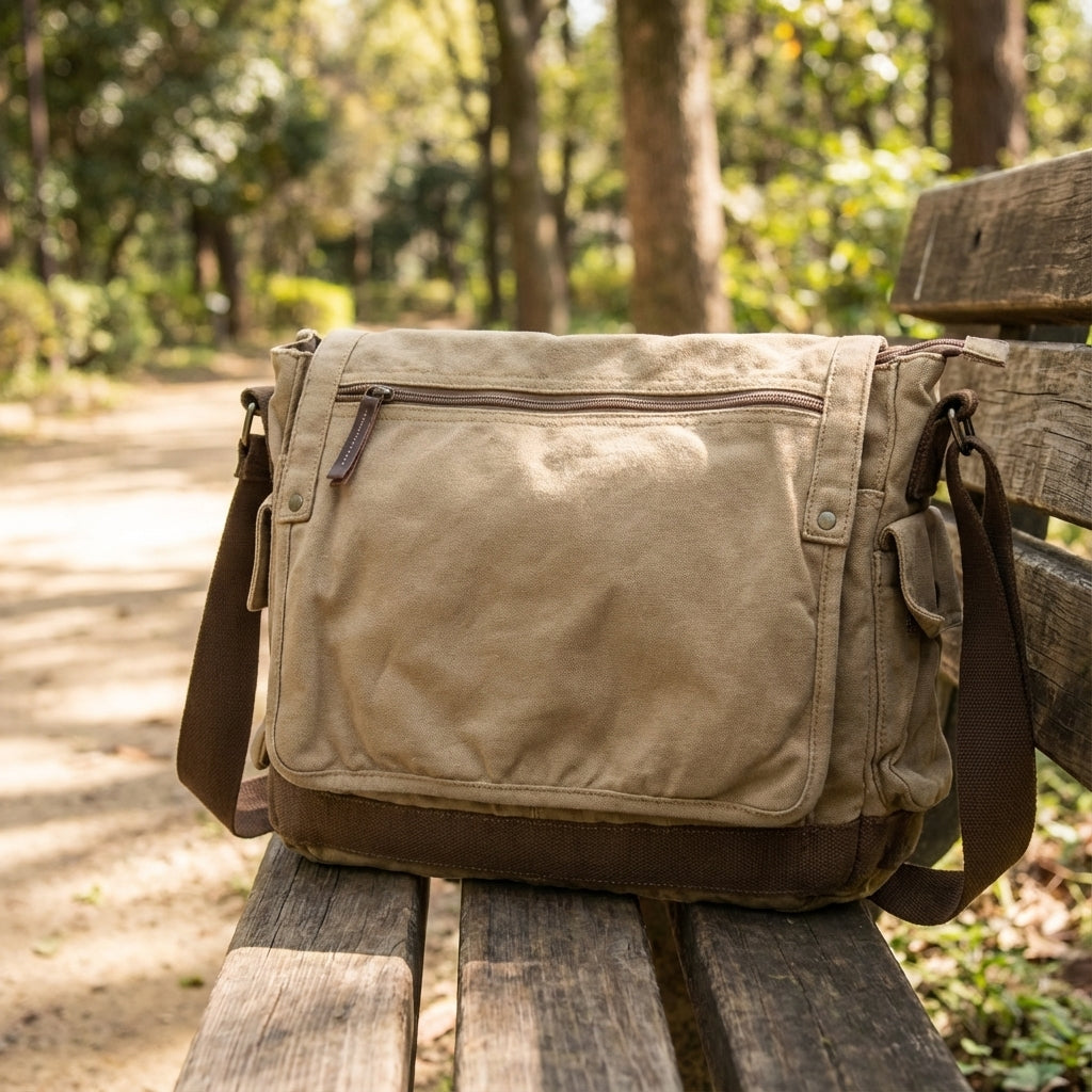 Groene vintage canvas messenger tas voor laptops, duurzaam en ruim, perfect als unisex schoudertas.