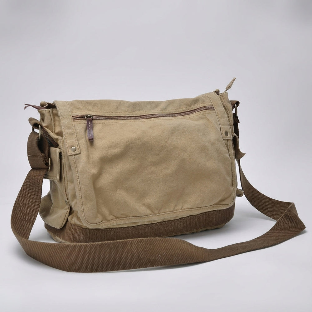 Ruime vintage groene messenger laptoptas van canvas, ideaal voor werk of studie, geschikt voor mannen en vrouwen.