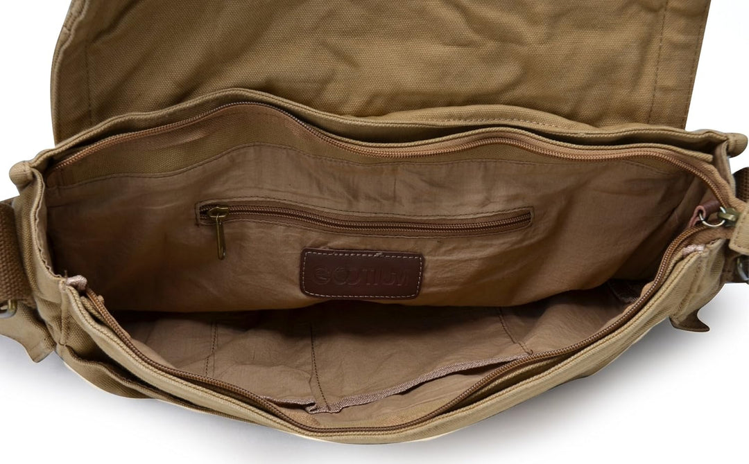 Unisex vintage groene werktas/reistas van duurzaam canvas, multifunctionele messenger schoudertas met veel ruimte.