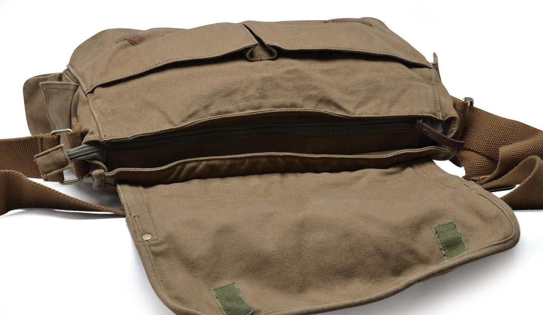 Stijlvolle vintage groene canvas messenger tas, unisex schoudertas met ruime opslag, ideaal voor laptop en essentials.