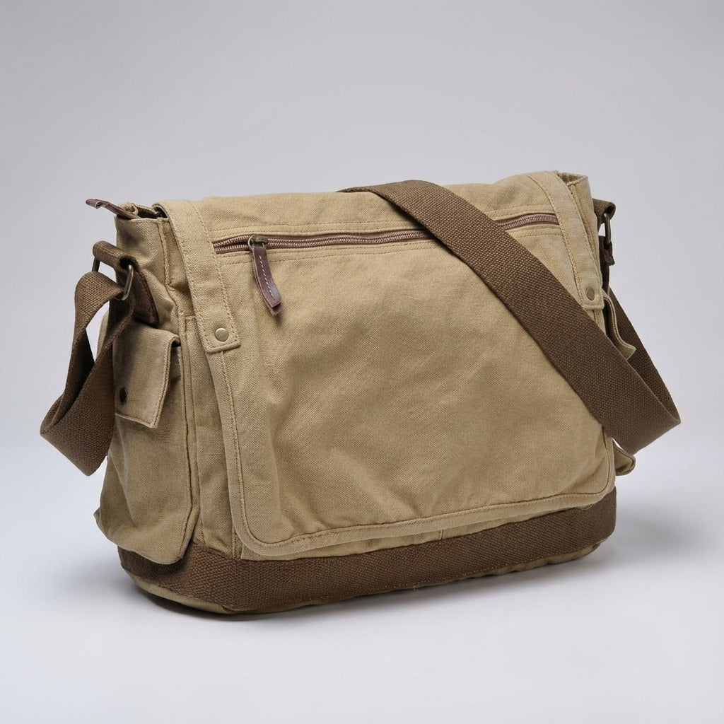 Robuuste vintage groene canvas messenger tas, duurzaam en ruim, ideaal als laptoptas of reistas voor unisex gebruik.