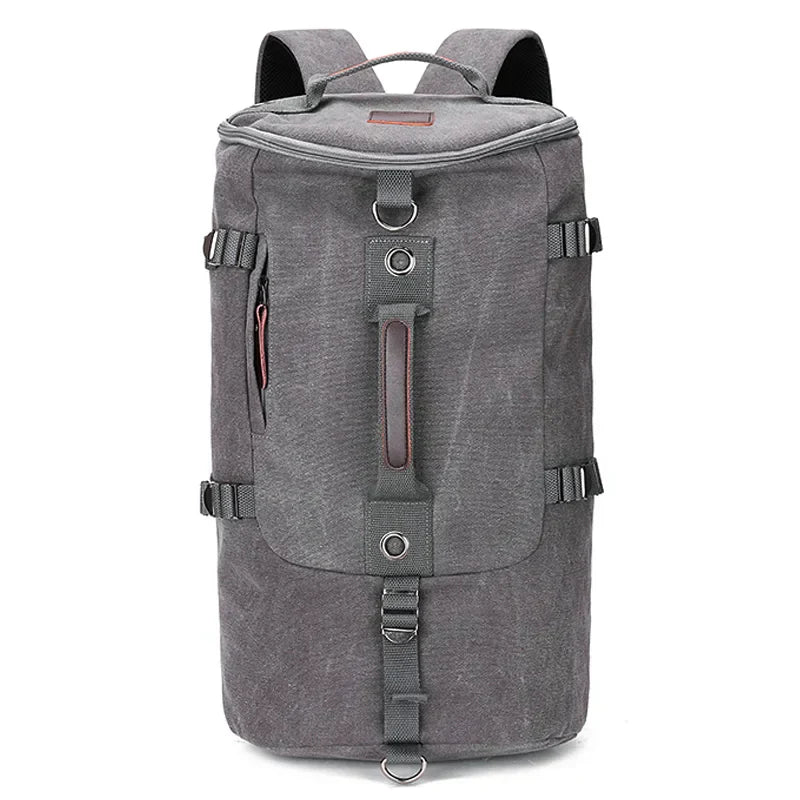 Comfortabele unisex reisrugzak van khaki canvas, duurzaam en ruim, ideaal voor lange outdoor trips.