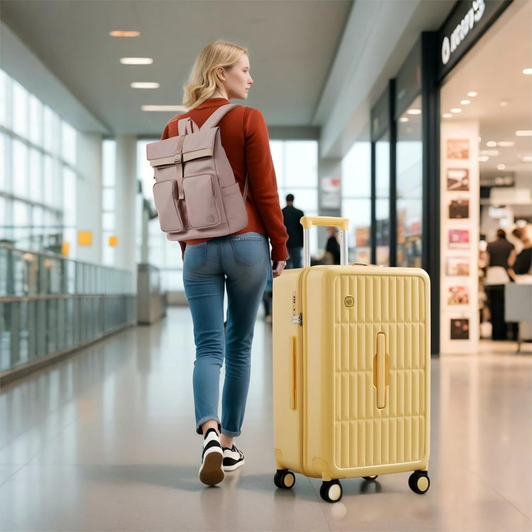Grote kaasgele harde koffer, 26 inch, met 8 soepele spinnerwielen voor stressvrij reizen.