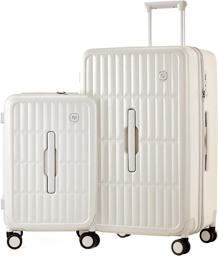 Ruime gele harde koffer met 8 spinnerwielen, ideaal voor lange reizen en veel bagage.