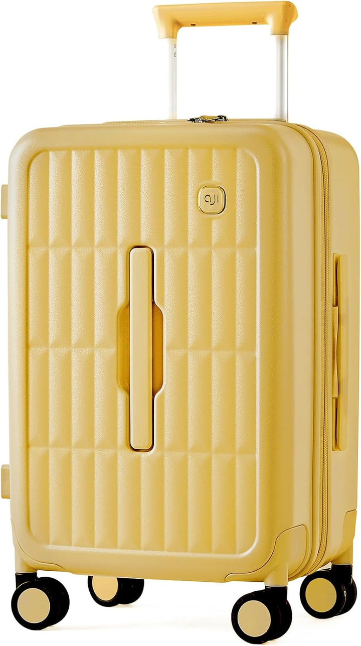Functionele gele harde koffer met 8 spinnerwielen, 26 inch, voor georganiseerde reizigers.