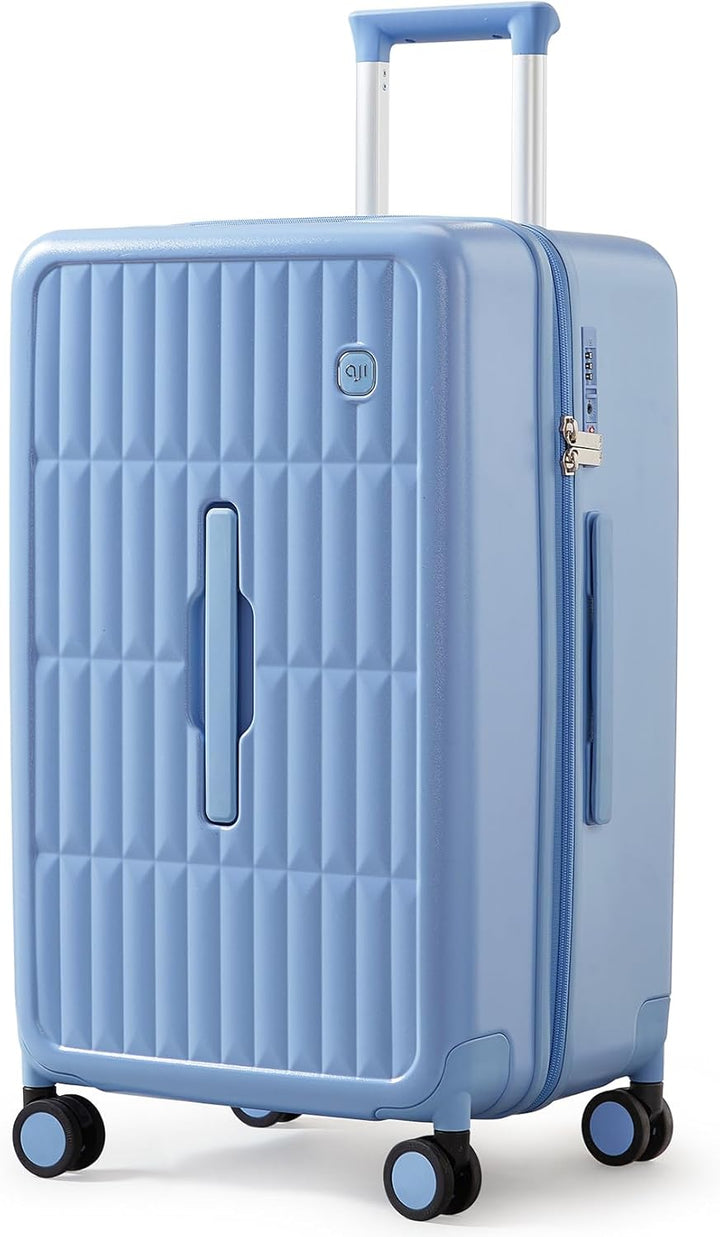 Ruime gele harde koffer met 8 spinnerwielen, perfect voor hoofdbagage en gemakkelijk bewegen.