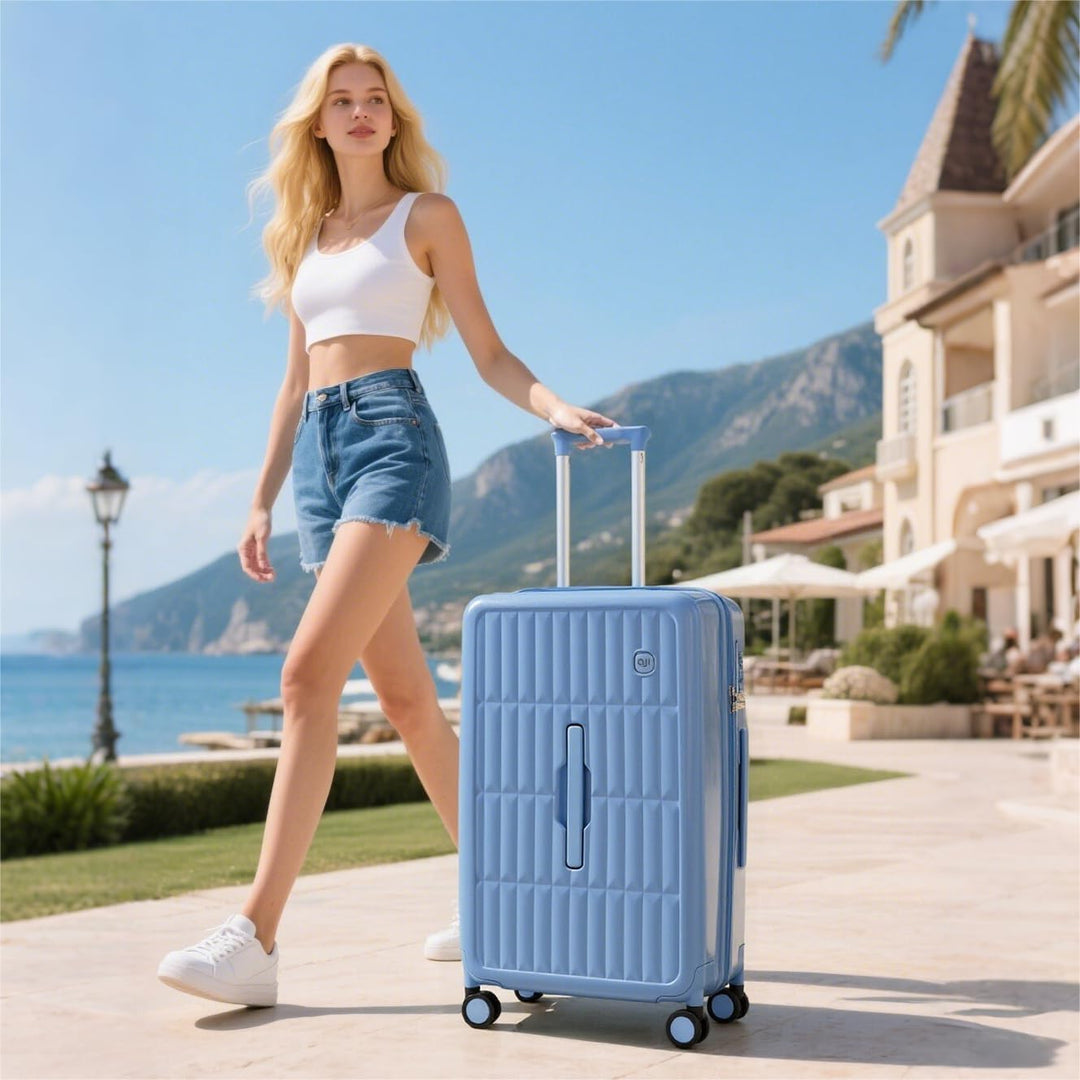 Grote gele harde koffer met 8 spinnerwielen en TSA-slot, klaar voor uw volgende vakantie.