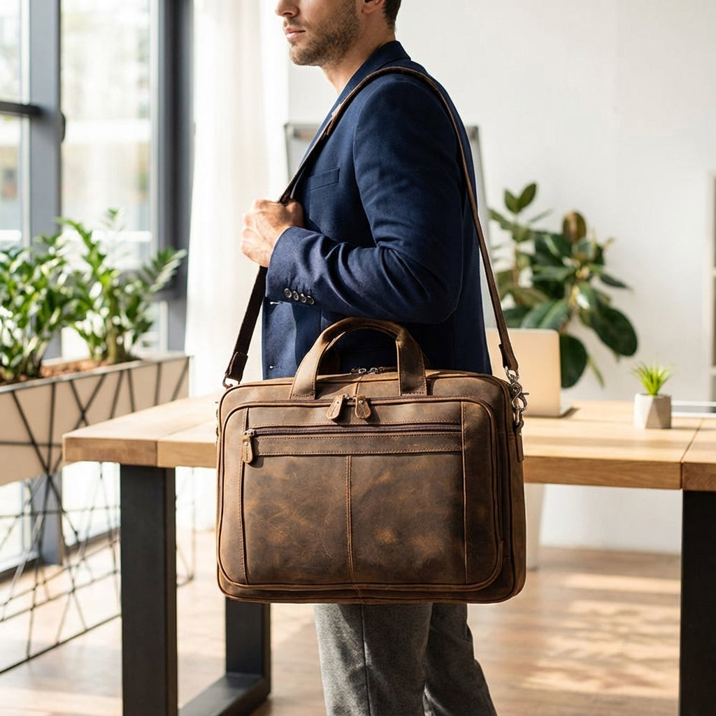 Grote leren laptoptas (Durabinder) voor 17 inch laptops, geschikt voor heren en dames, professioneel en stijlvol.