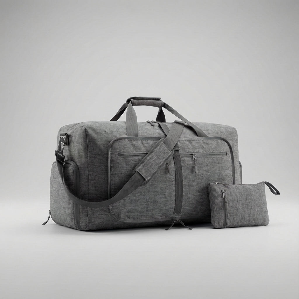 Grote duffelbag, opvouwbaar en lichtgewicht, ideale reisbagage voor korte of lange reizen.