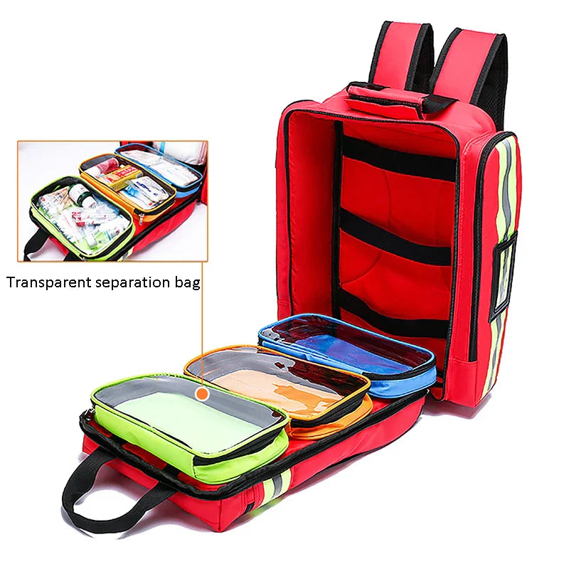 Intern compartiment van de RescueReady survival rugzak met medische EHBO-kit voor noodsituaties.