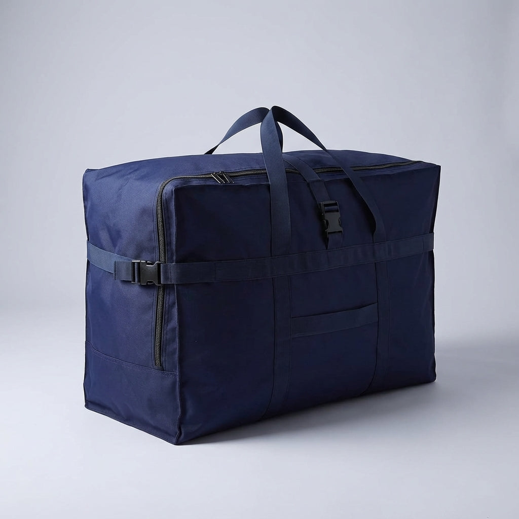 Detail van de waterbestendige stof van FlexHaul reistas. Duurzame en ruime vouwbare duffelbag voor betrouwbaar reizen.