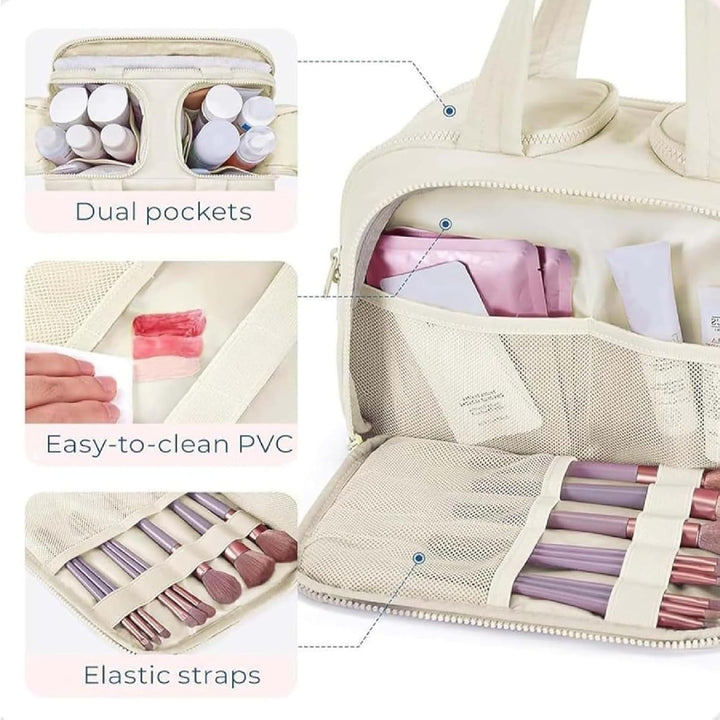 Ruime waterdichte make-up organizer, perfect als reis toilettas voor dames cosmetica en accessoires.