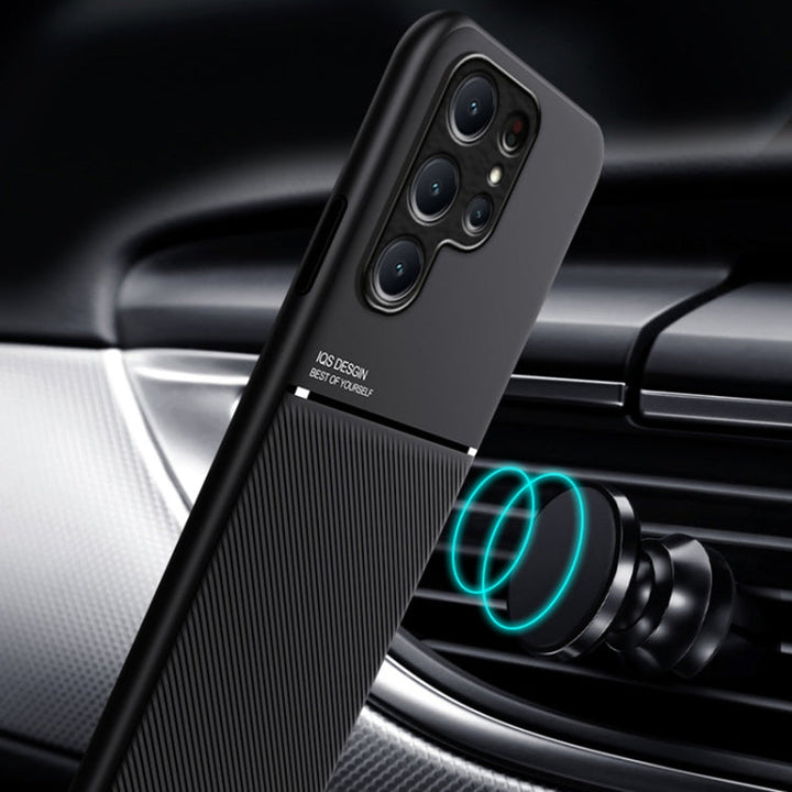 Groen magnetisch telefoonhoesje voor Samsung Galaxy S24, schokbestendig TPU + PC, met stijlvol streepjespatroon.