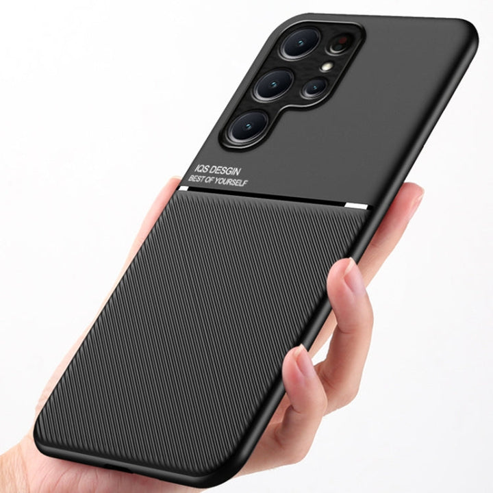 Groen magnetisch telefoonhoesje voor Samsung Galaxy S24, schokbestendig TPU + PC, met stijlvol streepjespatroon.