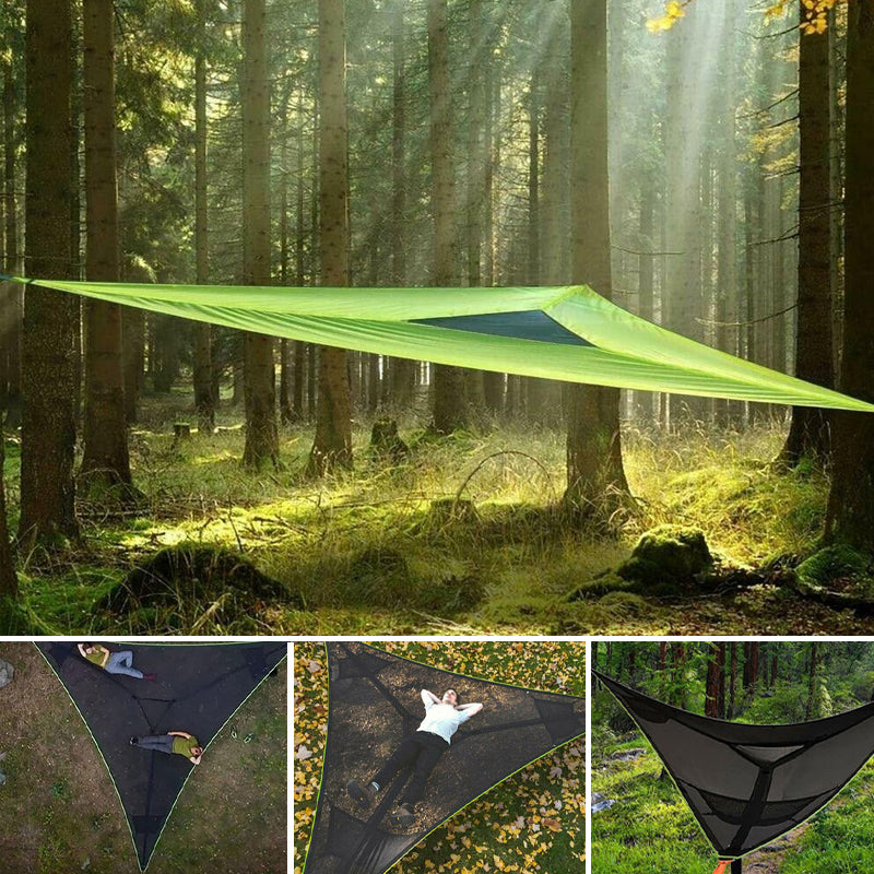 Groene en zwarte meerpersoons hangmat van nylon, voor families en groepen, ideaal voor kamperen op oneffen terrein.