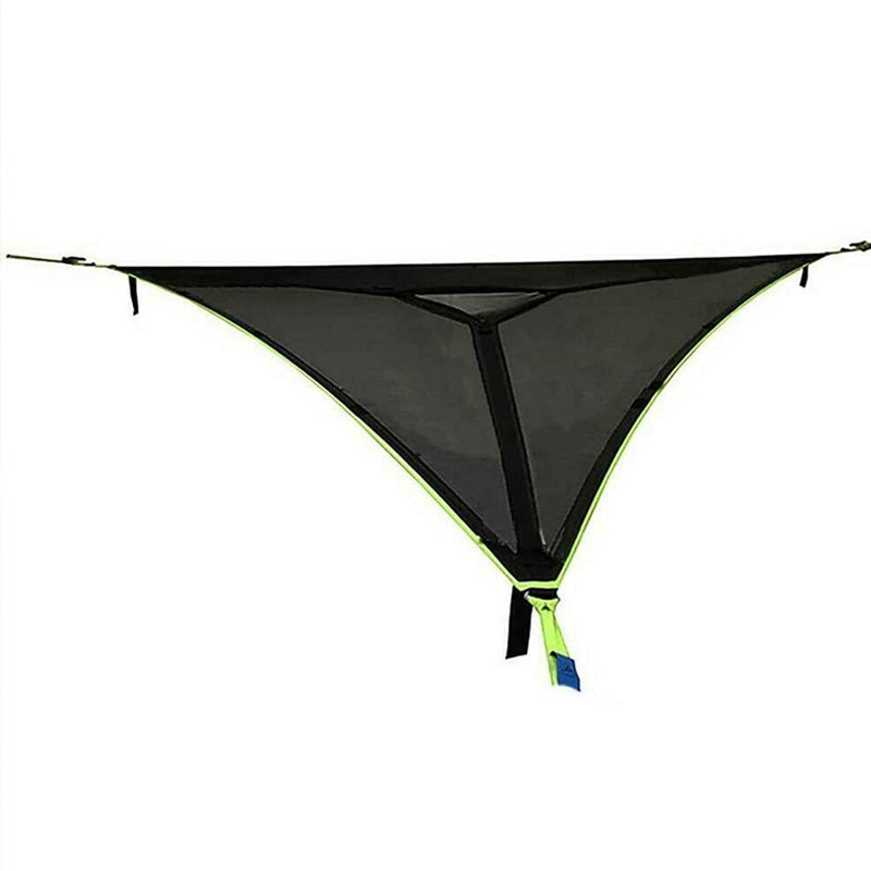 Groene en zwarte meerpersoons hangmat van nylon, voor families en groepen, ideaal voor kamperen op oneffen terrein.