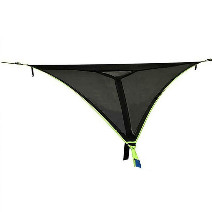 Groene en zwarte meerpersoons hangmat van nylon, voor families en groepen, ideaal voor kamperen op oneffen terrein.