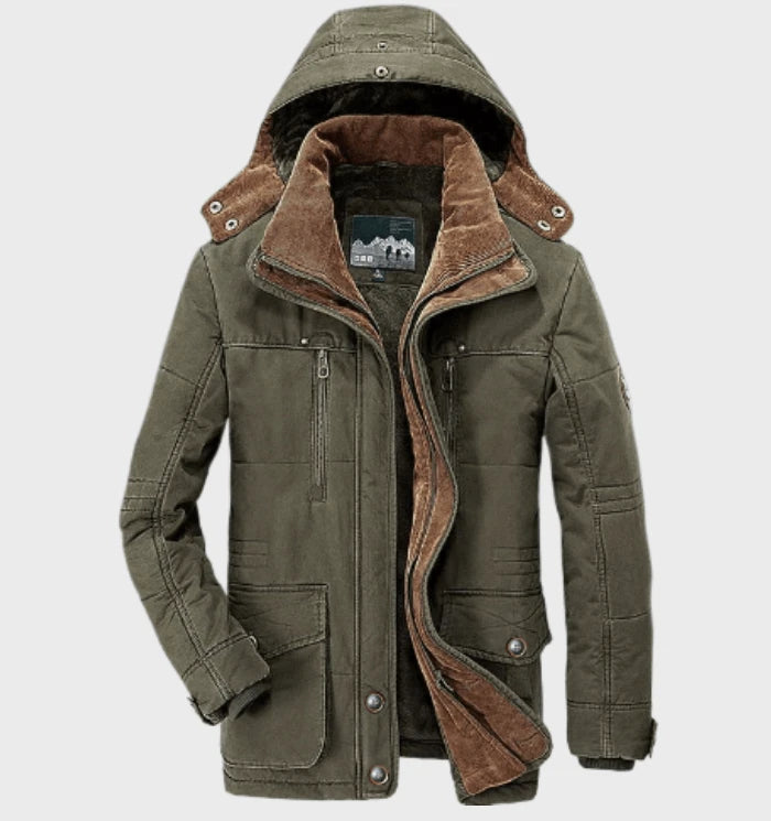 Stijlvolle utility heren cargo jas (halflang) met capuchon en praktische zakken, perfect voor buiten.