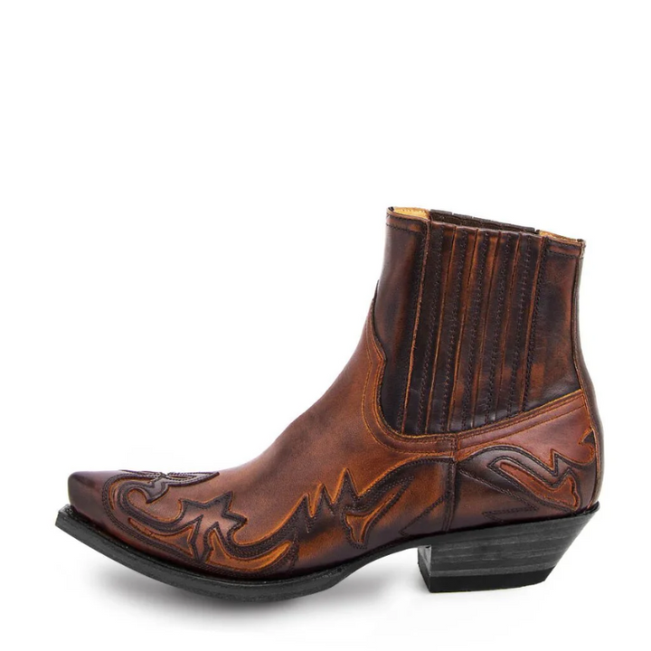 Handgemaakte klassieke heren western laarzen van echt leer in bruin en zwart, stijlvol design, cowboylaarzen.