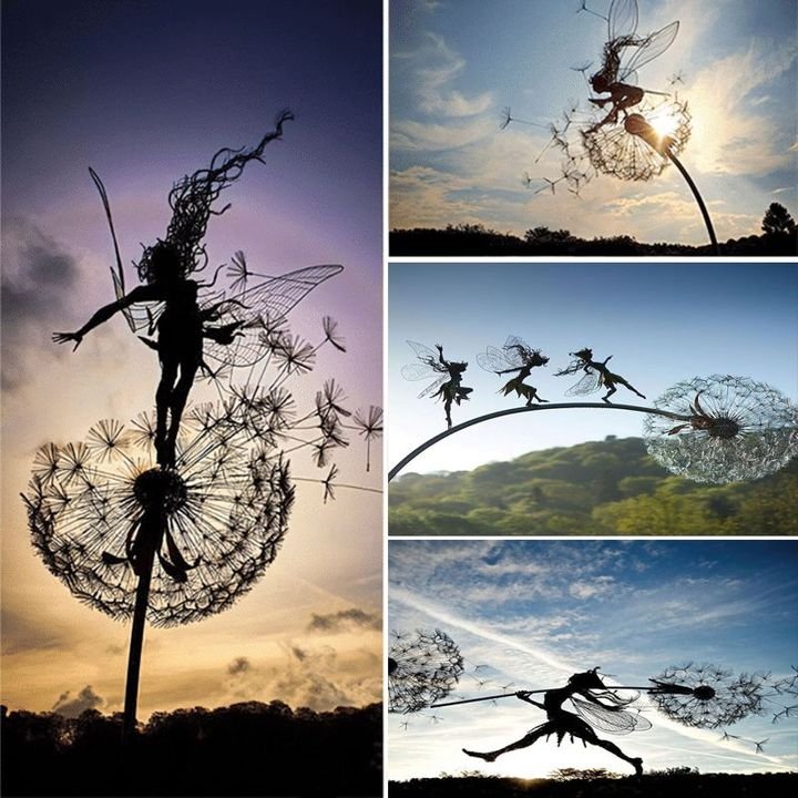 Handgemaakte weerbestendige tuinfee, van hoogwaardig roestvrij staal, in detailrijke, speelse vorm.