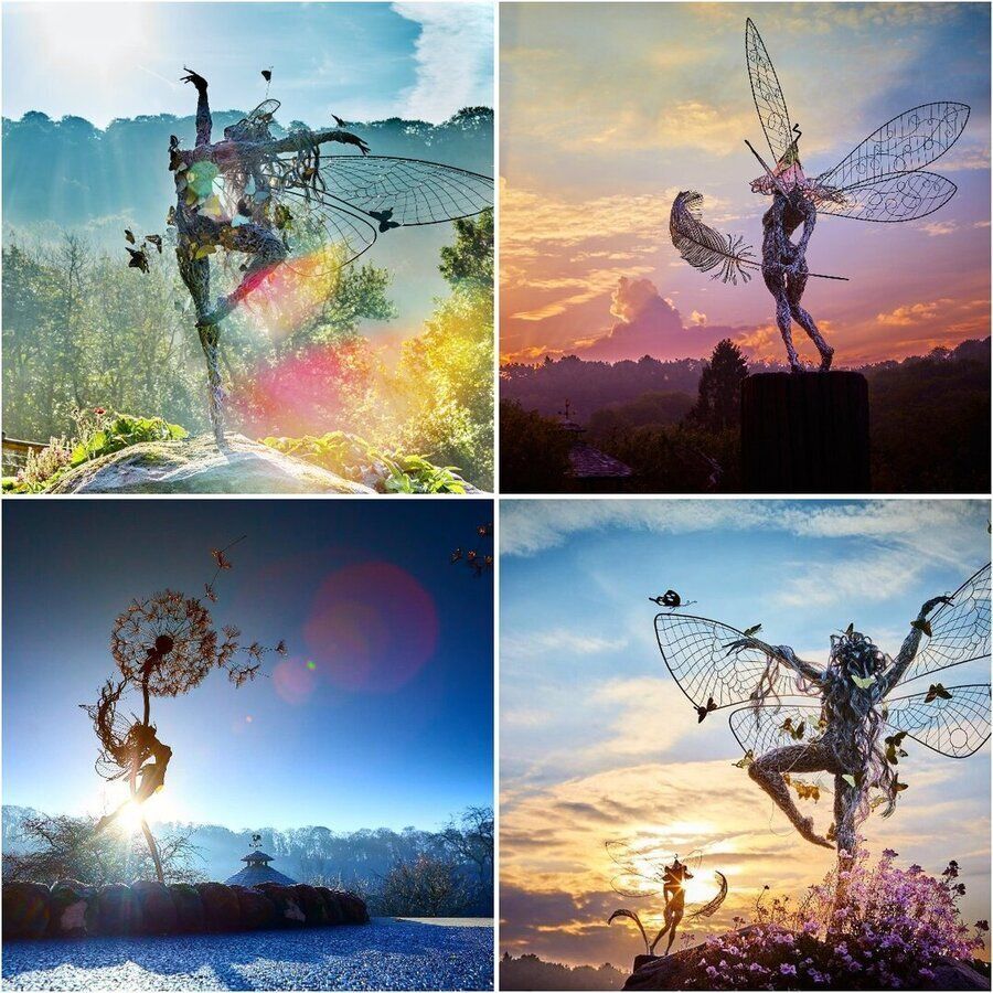 Handgemaakte weerbestendige tuinfee, van hoogwaardig roestvrij staal, in detailrijke, speelse vorm.