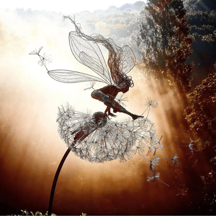 Handgemaakte weerbestendige tuinfee, van hoogwaardig roestvrij staal, in detailrijke, speelse vorm.