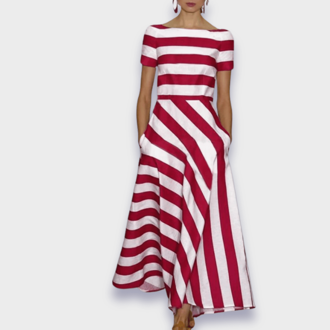 Handgemaakte maxijurk met strepen, elegante vloerlange silhouet, tijdloze stijl, ademend materiaal, veelzijdig
