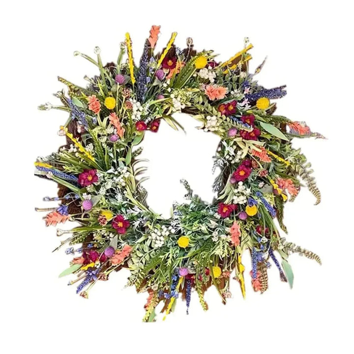 Kleurenrijk handgemaakte wijnstokkrans versierd met levendige kunstbloemen. Mooie wand- en deurdecoratie.