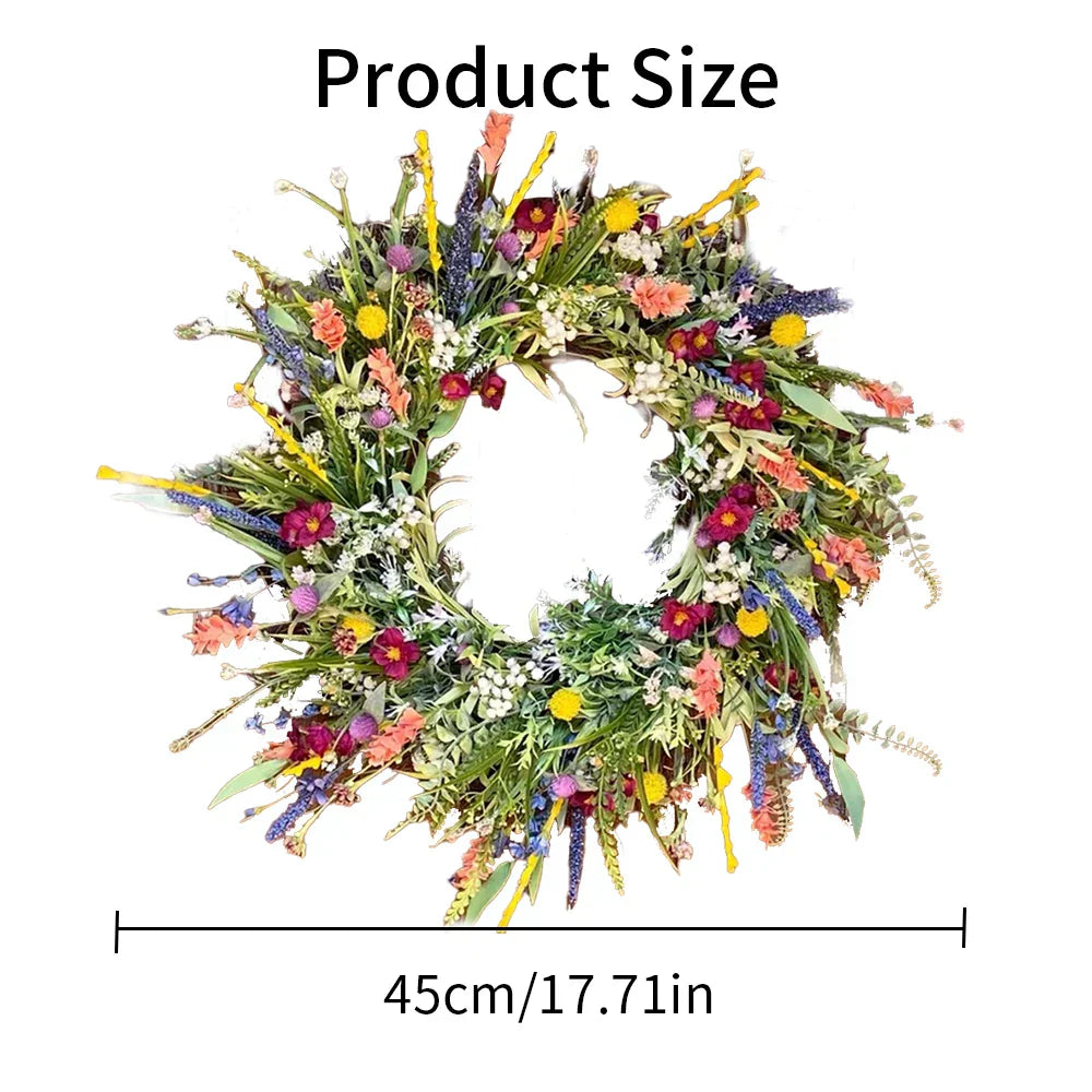 Sierlijke handgemaakte wandkrans met levendige kunstbloemen op een natuurlijke basis. Elegante interieurdecoratie.