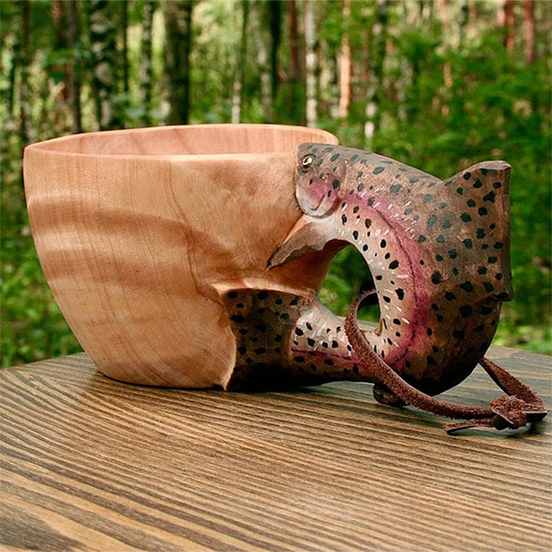 Houten mok met uniek dierendesign, handgesneden. Geschikt voor koffie, thee en avonturen in de natuur of wildlife.