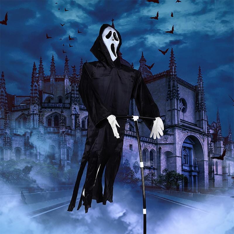 Hangende vogelverschrikker met spookgezicht, 2m hoog, griezelige Halloween-decoratie, ideaal voor tuinafschrikking.