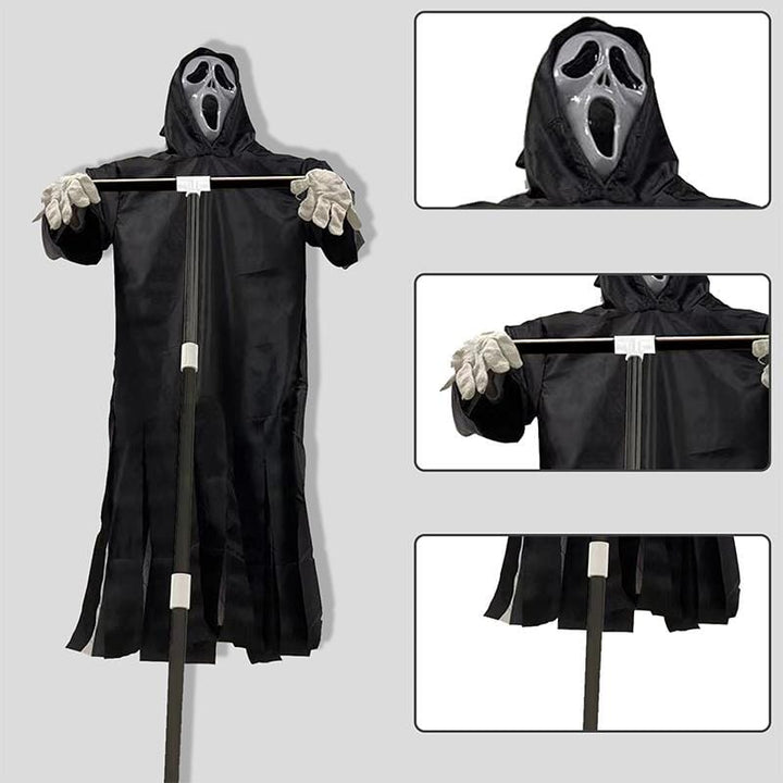 Hangende vogelverschrikker met spookgezicht, 2m hoog, griezelige Halloween-decoratie, ideaal voor tuinafschrikking.