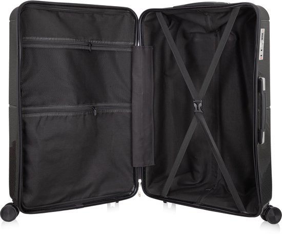 Interieur van de Capri handbagage koffer met scheidingsvakken en pakriemen voor georganiseerd inpakken.