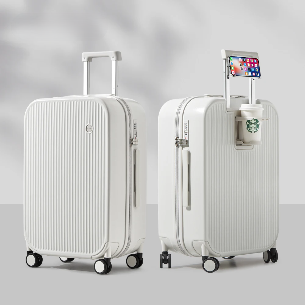 Detailfoto van de Lyon reiskoffer: stevige trekstang, bekerhouder & dubbele spinnerwielen voor comfort.
