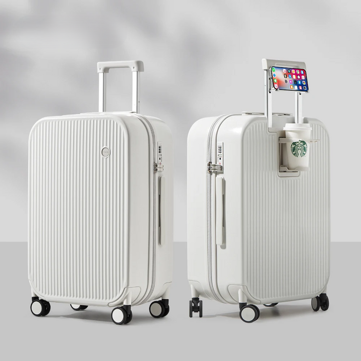 Detailfoto van de Lyon reiskoffer: stevige trekstang, bekerhouder & dubbele spinnerwielen voor comfort.