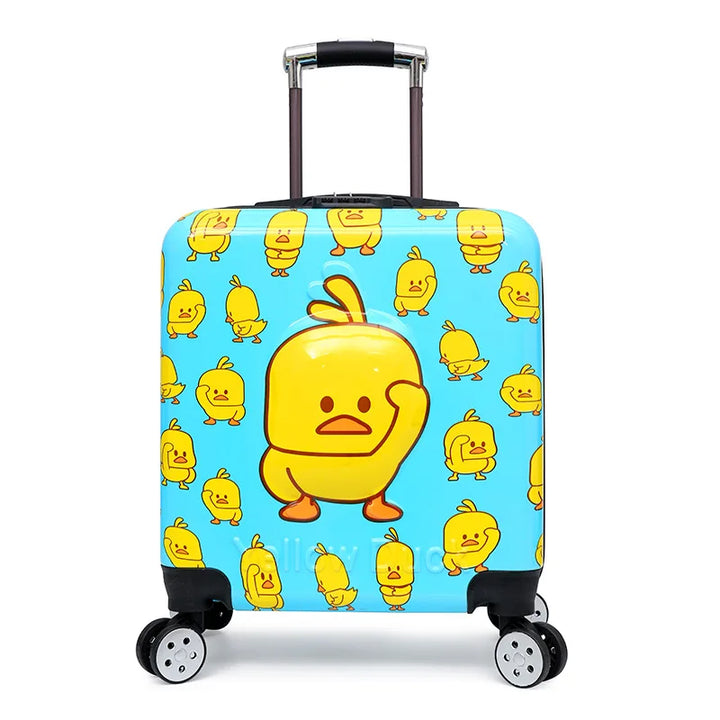 Kinder trolley koffer met diverse dierenprints, hardshell, makkelijk te trekken voor jonge reizigers.