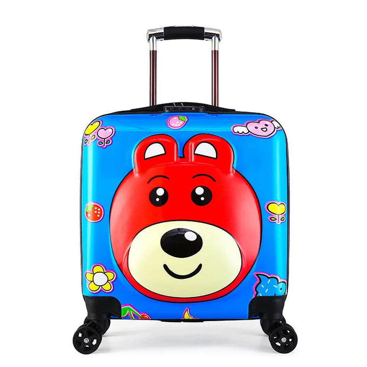 Vakantie kinderkoffer met kleurrijke dierenprint, compacte hardshell bagage voor kinderen.