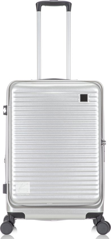 Overzicht interieur hardshell koffer met laptopvak, mesh-vakken en compressiebanden voor geordende spullen.