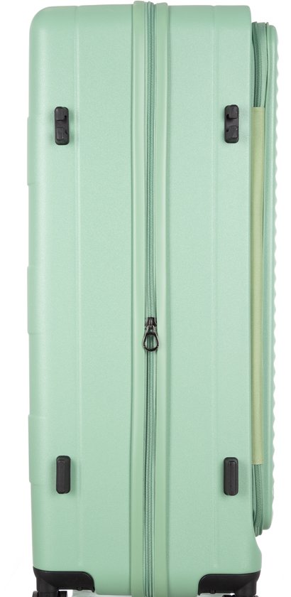 Vienna hardshell koffer open, toont georganiseerd interieur met kruisbanden en diverse ritsvakken.