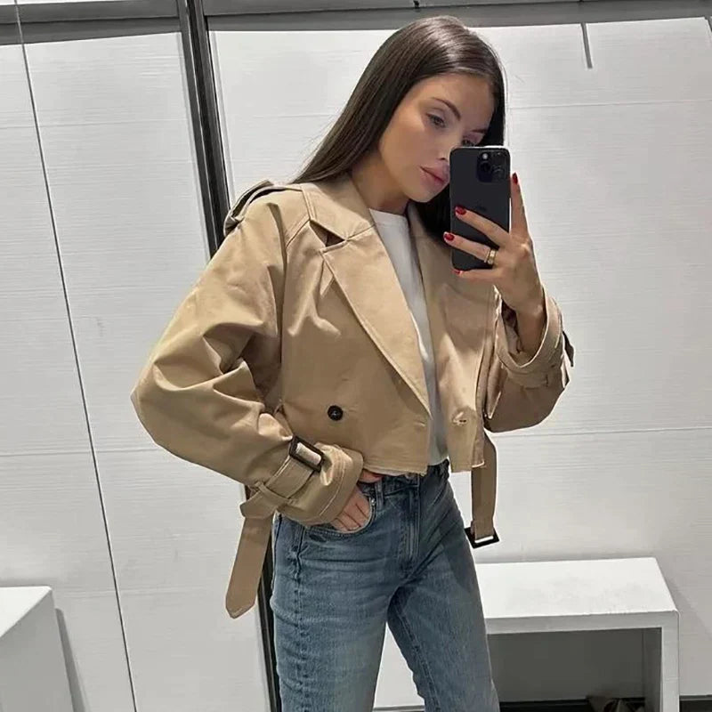 Heidi dames trenchcoat, kort model, tijdloze look, met ceintuur, klassieke kleuren, gemakkelijk te combineren, hoogwaardig materiaal