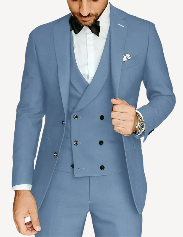 Lichtblauw 3-delig herenpak, bestaande uit jasje, vest en broek, ideaal voor bruiloften en elegante gelegenheden.