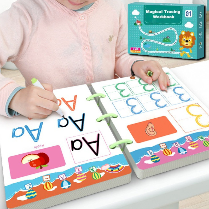 Herbruikbaar schrijfboek voor kinderen om letters, cijfers en vormen te leren. Stimuleert fijne motoriek.