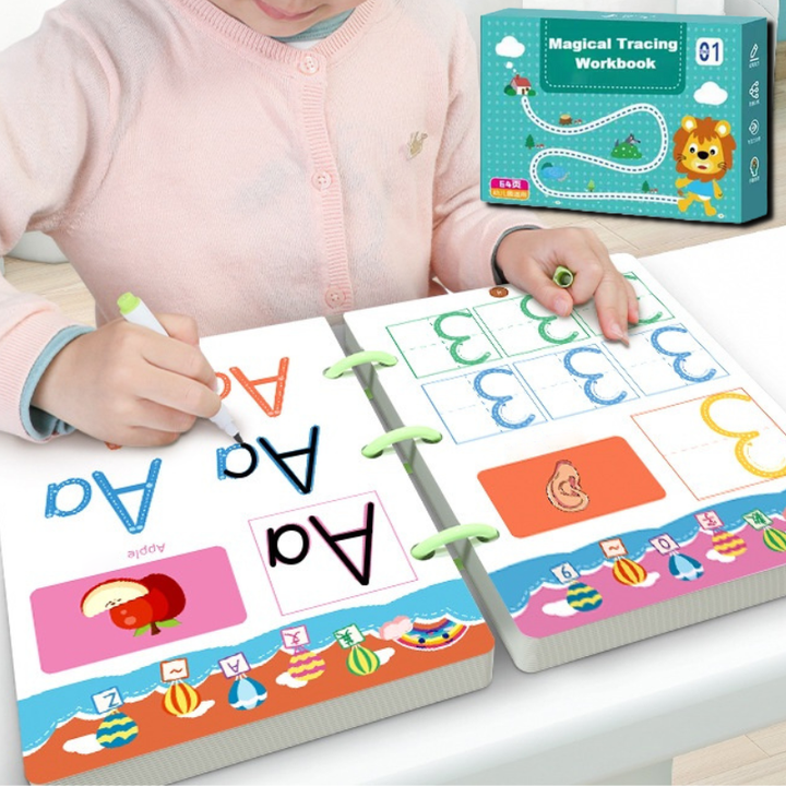 Herbruikbaar schrijfboek voor kinderen om letters, cijfers en vormen te leren. Stimuleert fijne motoriek.