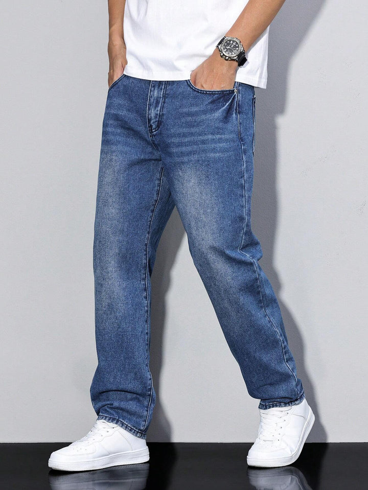 Veelzijdige effen blauwe herenbroek, casual jeans met rechte pijpen voor vier seizoenen.