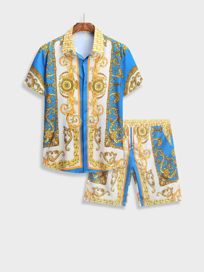 Stijlvolle heren set: overhemd en korte broek met unieke Italiaanse barokprint, elegant en modieus.