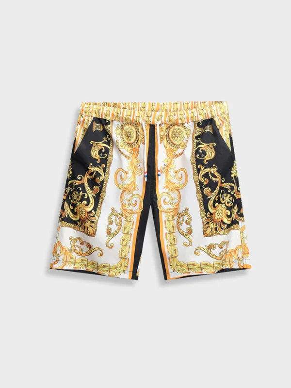 Gedetailleerde close-up van de Italiaanse barokprint op de heren zomer set, luxe en elegantie.