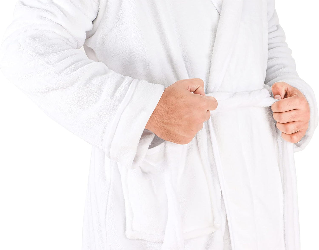 Comfortabele heren ochtendjas van fleece, met capuchon en ceintuur.