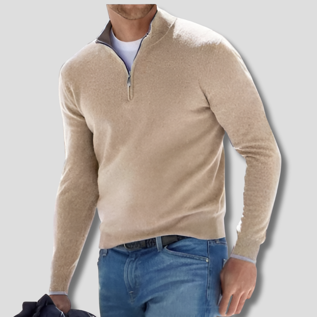 Heren gebreide katoenen trui met ritskraag. Comfortabele pullover voor casual herfst- en wintermode.